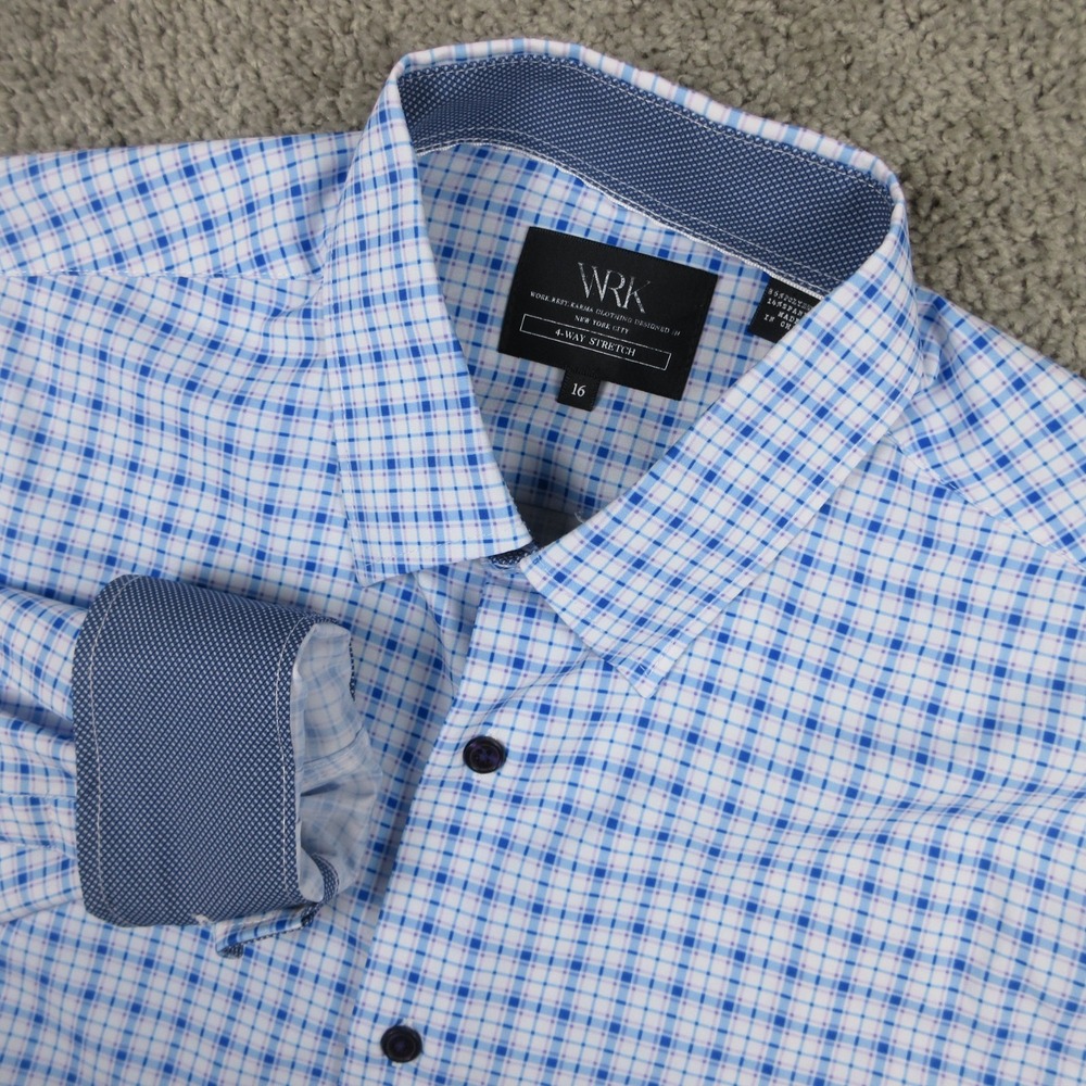 WRK Shirt Mens Large 16 Blue Check 4 Way Stretch Performance Flip Cuff Button Up